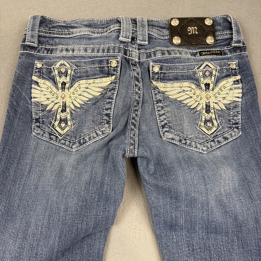 Miss Me JEANS WOMENS 28 x32 BOOT Y2K Rhinestone Embellished STUDDED CROSS ANGEL